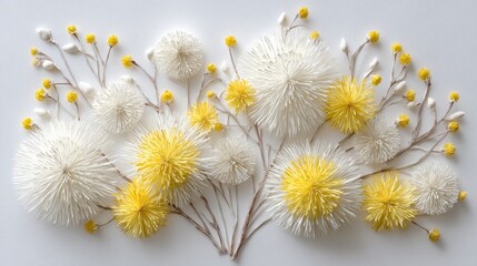Floral arrangement featuring white and yellow pompom flowers with delicate branches