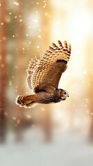 Obraz premium Animal Ecological Release. Majestic Owl Soaring Gracefully Above Pine Trees in a Warm, Sunlit Forest Setting