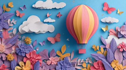 Obraz premium Paper crafted hot air balloon with flowers and butterflies against a blue sky with clouds