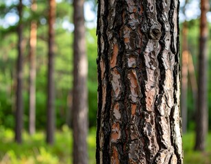 Fototapeta premium Close-up of tree bark, blurred forest background