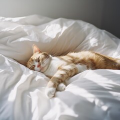 Ginger cat napping blissfully on white bedding, basking in golden sunlight, radiating pure serenity and comfort during leisurely morning rest