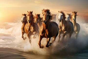 Obraz premium seven brown horses running in sea water