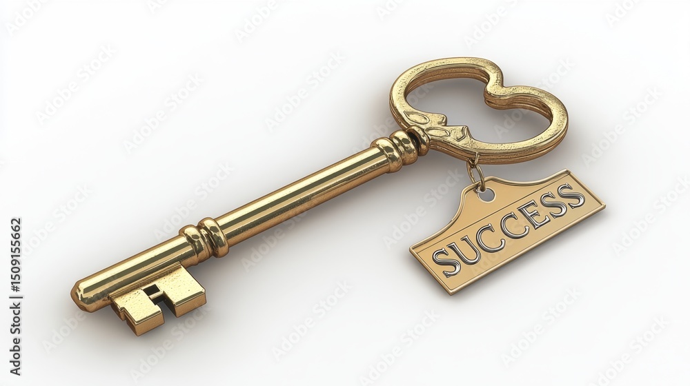Poster unlocking achievement a closeup of a golden key with a success tag in a minimalist setting