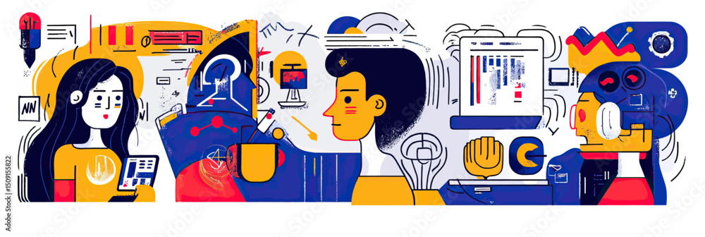 Aufkleber abstract flat minimalist vector illustration of diverse people collaborating with ai technology, dat
