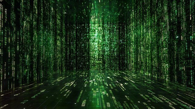 Digital code fills a futuristic space.