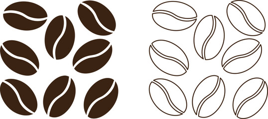 Coffee Bean Icon Set – Solid, Outline, and Black Silhouette Vector