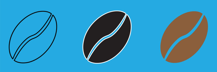 Coffee Bean Icon Set – Solid, Outline, and Black Silhouette Vector