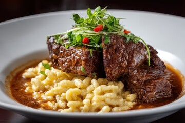  Schmorbraten mit Sp&auml;tzle und Bratenso&szlig;e traditionelles deutsches Fleischgericht Rinderschmorbraten auf Eiersp&auml;tzle garniert mit frischen Kr&auml;utern und Paprika deftige Hausmannskost Nahaufnahme Foodfot