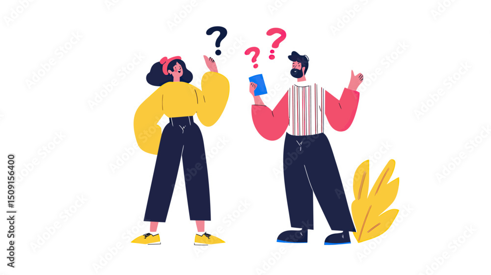 Poster flat vector illustration of man and woman standing with question marks above heads holding envelope 