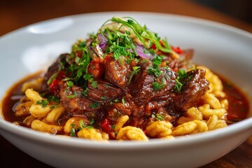 Fototapeta premium Schmorbraten mit Spätzle und Bratensoße traditionelles deutsches Fleischgericht Rinderschmorbraten auf Eierspätzle garniert mit frischen Kräutern und Paprika deftige Hausmannskost Nahaufnahme Foodfot