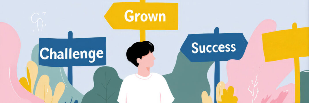 Young caucasian male facing growth challenge with success signs in colorful landscape