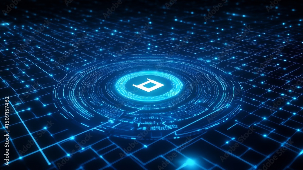 Poster unlocking digital security conceptual lock symbol over blue digital grid virtual environment cyberse
