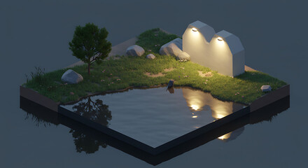 Serene Low Poly Island Scene Nighttime Lake Grass Tree and Illuminated Wall