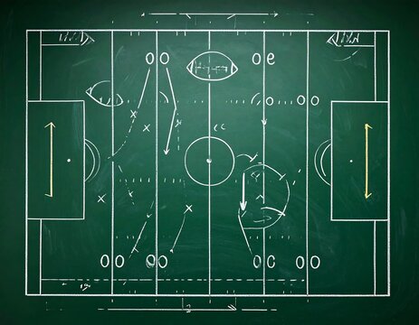 Chalkboard depiction of a football game plan, showing player movements and formations