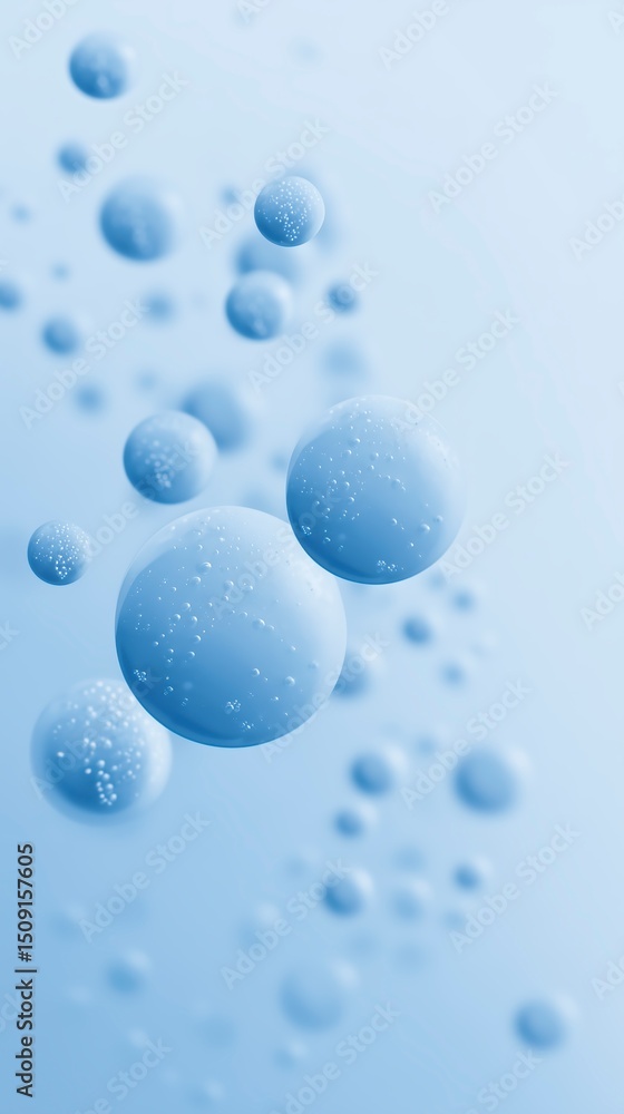 Poster blue bubbles floating in a soft gradient background creating a serene and calming atmosphere for des