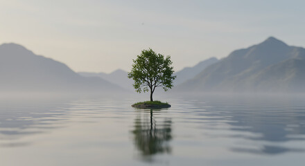 Serene Single Tree on Calm Lake Island Misty Mountains Background