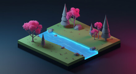 Low Poly Isometric Landscape Glowing River Pink Trees Night Scene