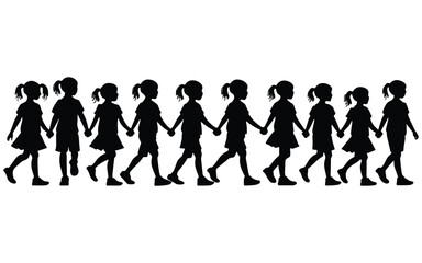 Group Of Children Holding Hands Walking Silhouette On White Background