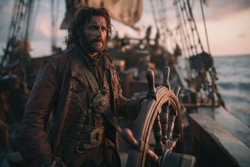 Bold Pirate Captain At Helm In Morning Mist And Tattered Coat