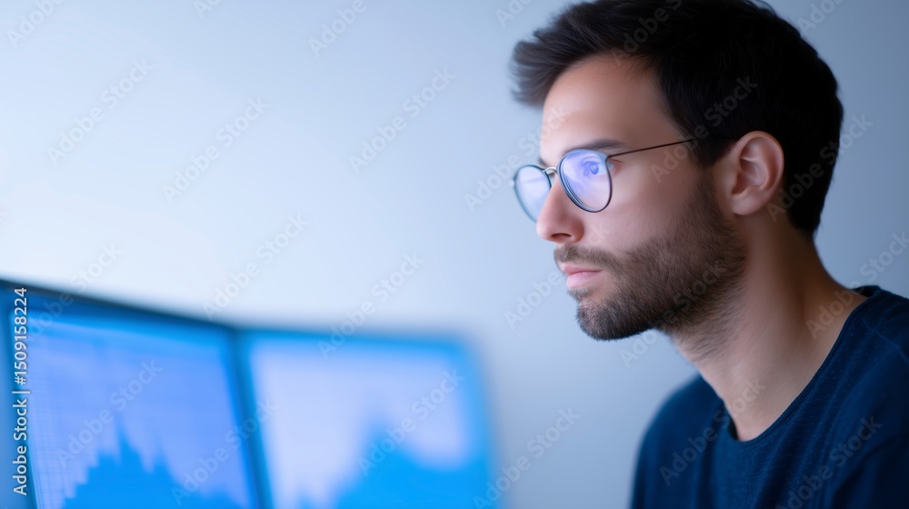 Poster focused young man with glasses analyzing data on dual monitors in a modern workspace with soft light