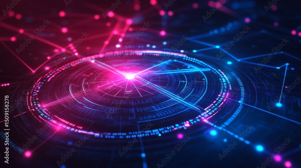 Poster exploring the dark cyberspace neon data lines and binary code in a futuristic digital environment