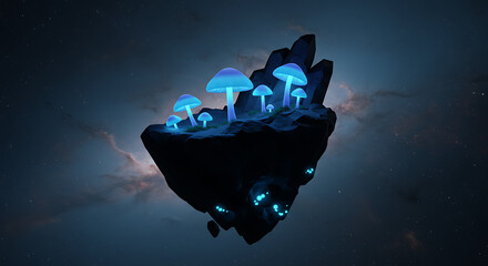 Ethereal Glowing Mushrooms on Floating Rock in Space Fantasy Sci Fi Surreal Art