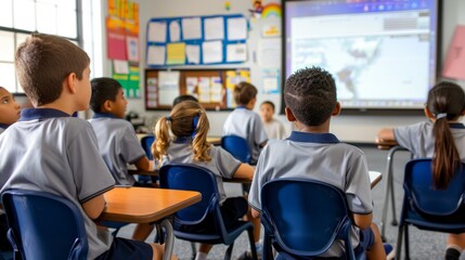 Fototapeta premium Group of children sitting at desks in front of projector screen.