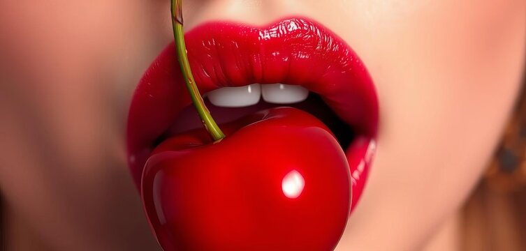 Close-up vector illustration of luscious lips biting a ripe red cherry  Valentines Day, romantic, beauty,   passion,  feminine