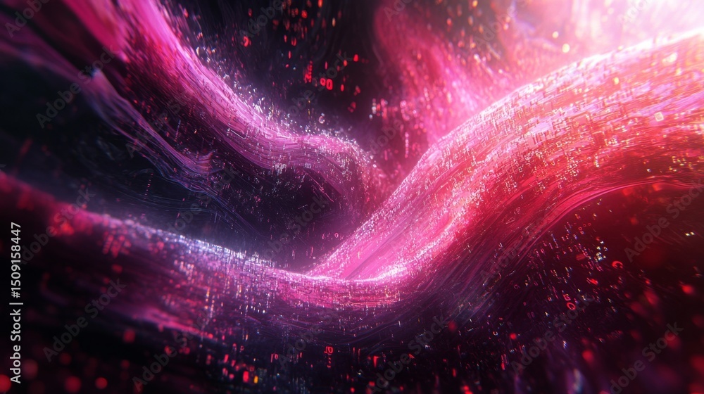 Poster illuminating data streams flowing through a deep cyberspace environment glowing digital landscape pe