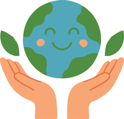 Flat vector illustration of a smiling Earth cradled in open hands with green leaves, symbolizing care for the environment on World Environment Day.

