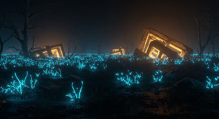 Glowing Neon Plants Illuminate Futuristic Ruins at Night