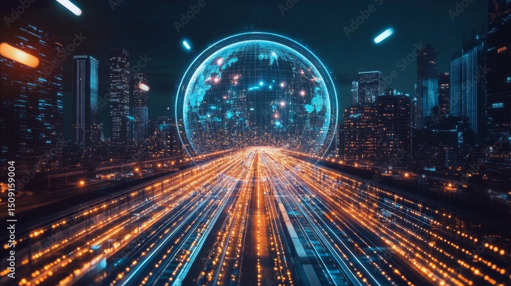 Poster connecting cities digital globe displaying glowing paths in urban environment futuristic viewpoint o