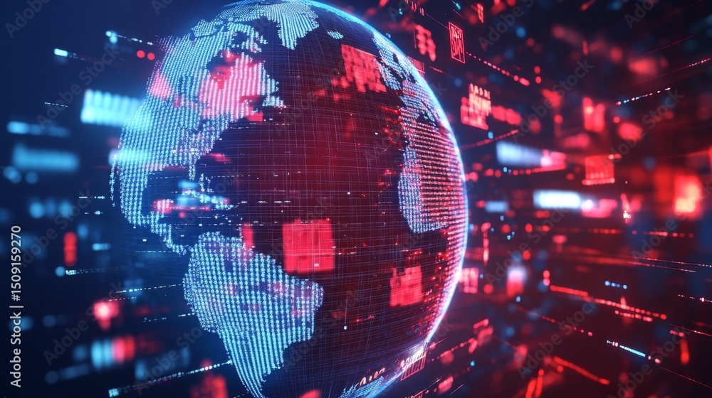 Aufkleber visualizing a digital globe with prominent red tar; global overview digital art virtual environment 