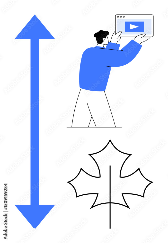 Poster man holding video player interface, blue double-headed arrow signifying growth or comparison, and ma