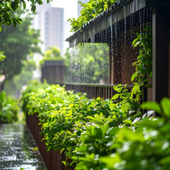 Fototapeta premium Lush Greenery Bathed in Rain Urban Park Setting Tranquil Rainy Day Scene