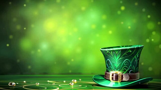 Bright green background with golden drops, bokeh effect and a leprechaun hat for St. Patrick's Day