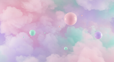 Pastel Dream Abstract 3D Render of Floating Spheres in a Soft Colorful Cloud Background
