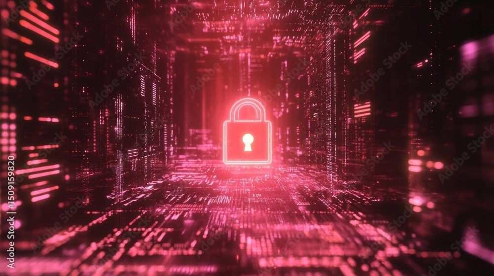 Poster digital lock suspended above a technological matrix in a futuristic environment for enhanced securit