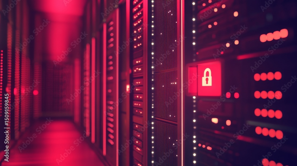 Poster securing digital infrastructure lock icon over server network in a data center environment for enhan