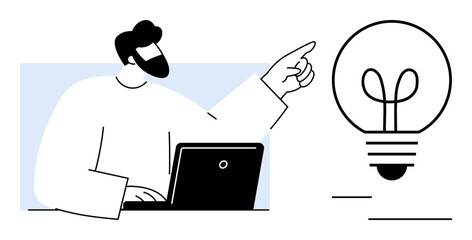 Man using a laptop and gesturing toward a large light bulb symbolizing inspiration, creativity, or solutions. Ideal for innovation, productivity, education, brainstorming, teamwork, ideas