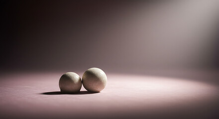 Two Smooth White Spheres on Pink Surface Minimalist Studio Lighting Abstract Background