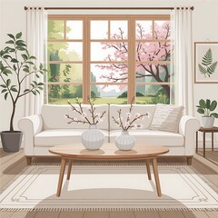 Sunlit minimalist living room with cherry blossoms view