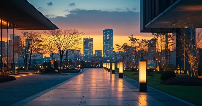 Static shot of a city walkway at sunset with modern buildings and orange sky.