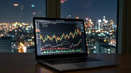 Laptop displaying stock market data with cityscape view - Powered by Adobe