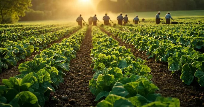 Low angle static shot: Farmers work in a field of lettuce at sunrise. The sky is dramatic and gray.