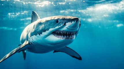 Fototapeta premium Dramatic closeup of great white shark's power in the ocean underwater photography intimate perspective marine environment dynamic concept