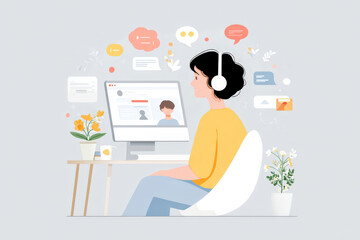 Female adult caucasian working remotely: focused on computer with headphones