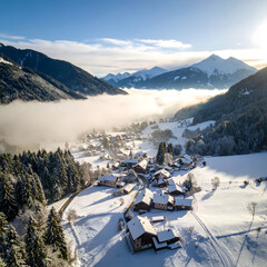 Fototapeta premium Aerial View of Snowy Alpine Village Winter Landscape Mountain Scenery Foggy Valley