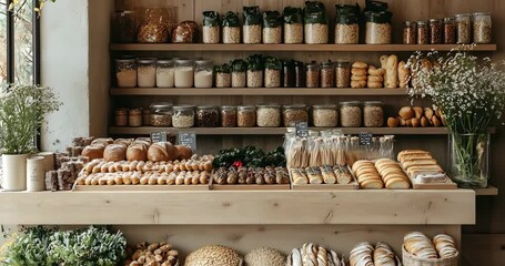 A cozy bakery interior with shelves full of fresh bread, pastries, and ingredients.