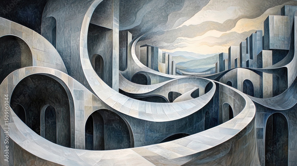 Poster abstract architectural scene of winding pathways and structures.